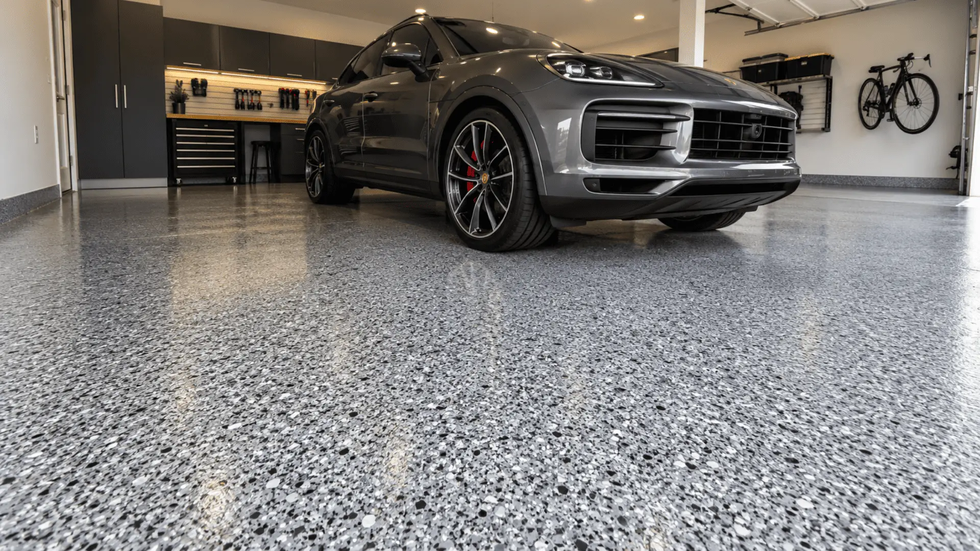 Residential garage with a newly finished decorative concrete floor